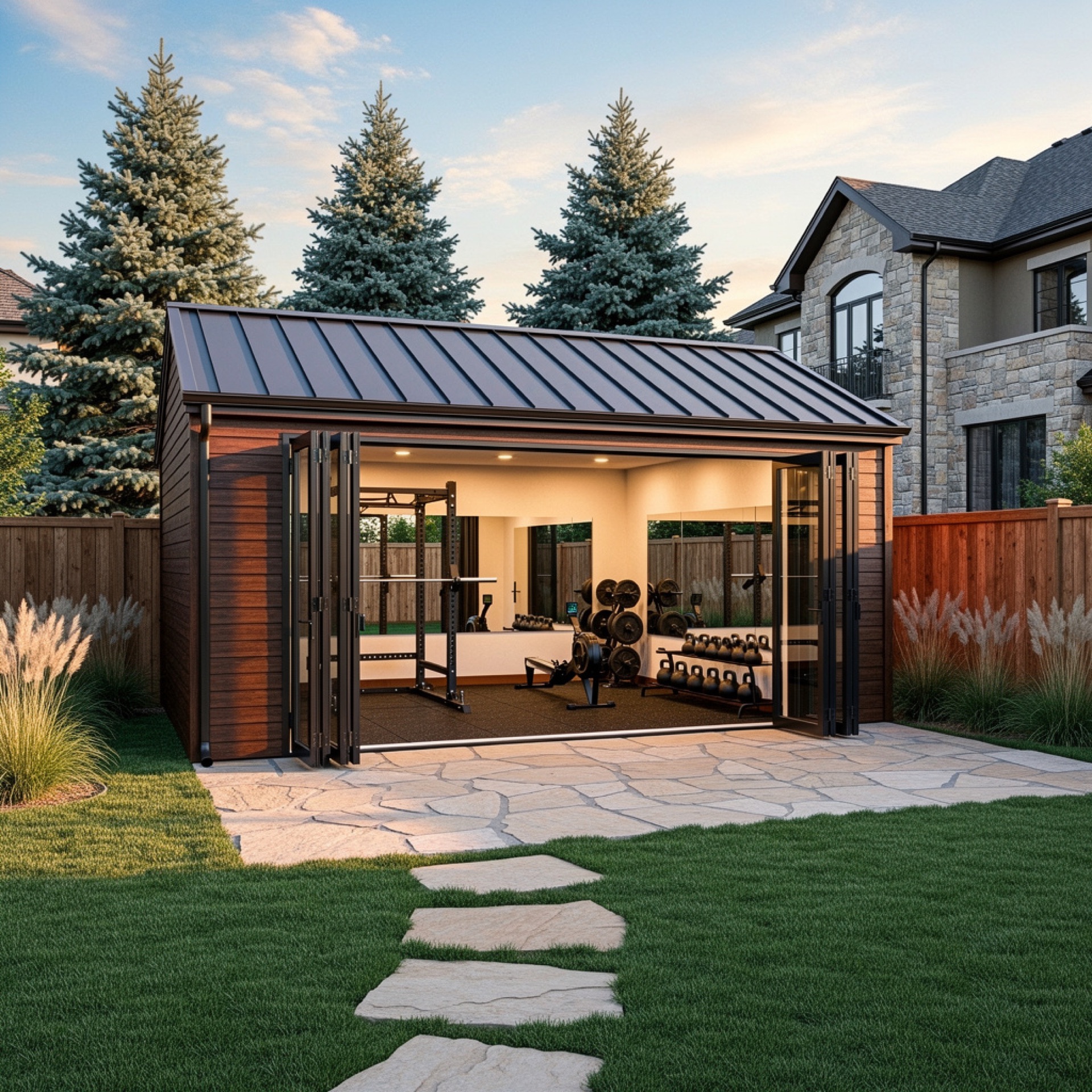 Backyard gym ADU with glass bifold doors open to yard