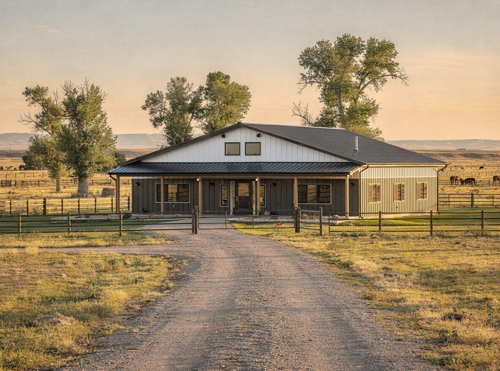 Steel-framed barndominium concept rendering, horse-property scale on acreage