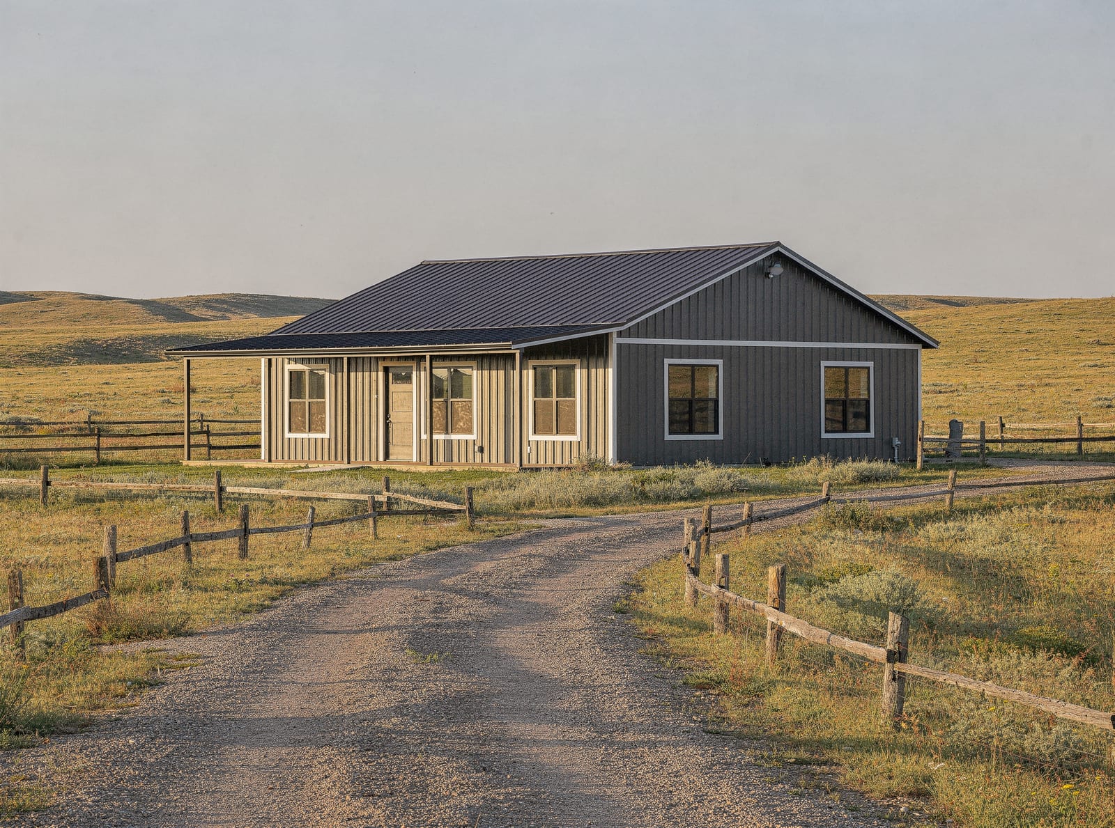 Steel-framed barndominium concept rendering, single-story on rural acreage