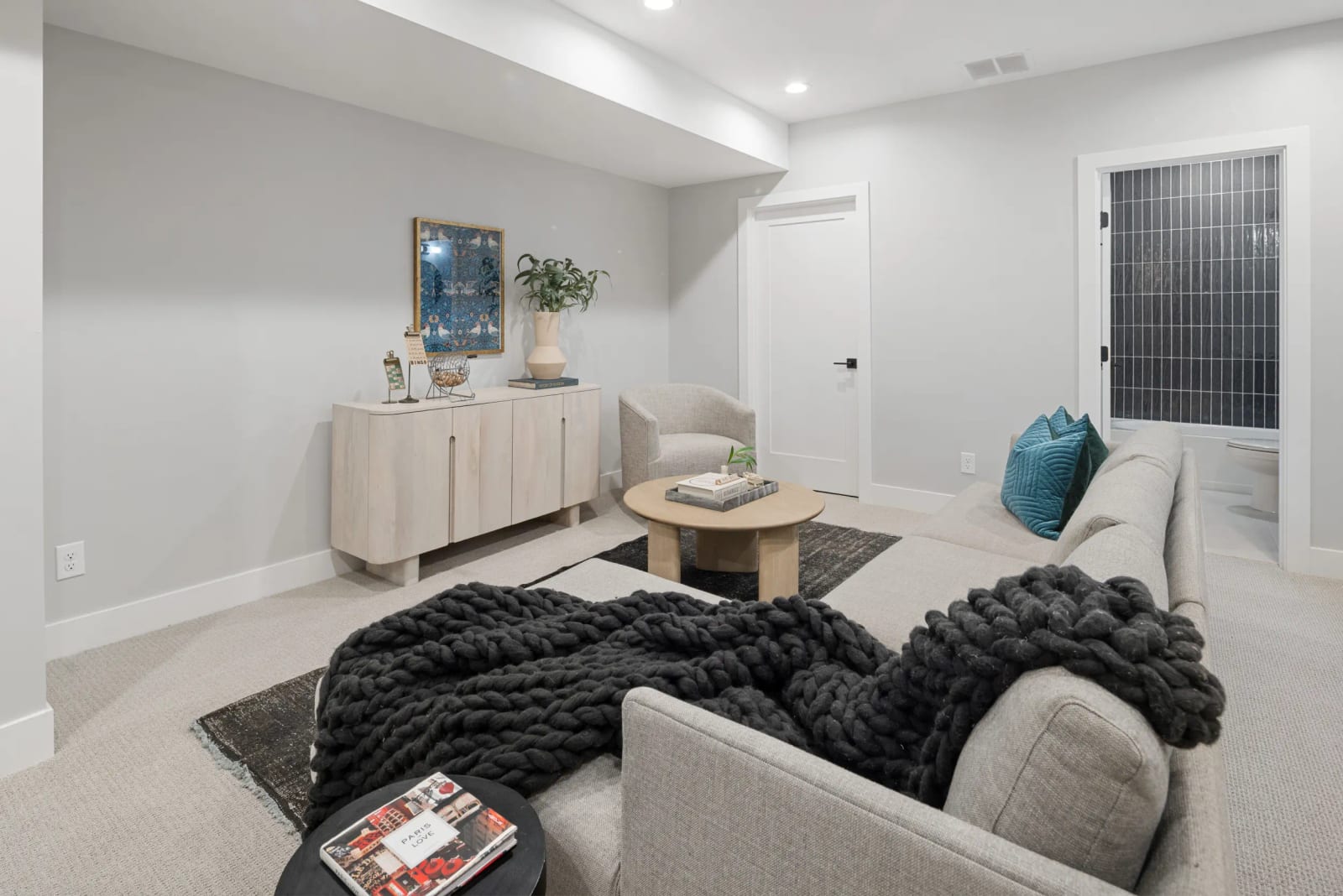 Lower-level lounge, custom home, Denver