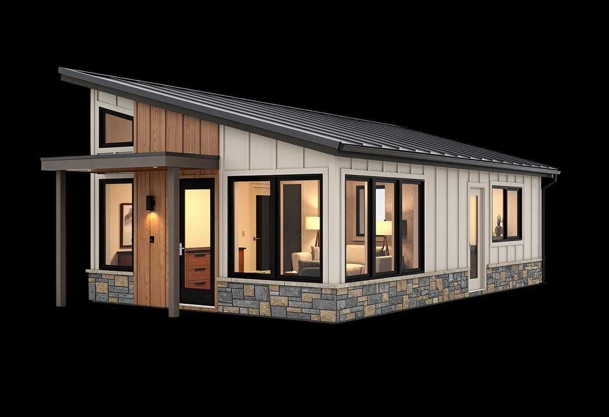 Modern board-and-batten ADU with stone base and covered entry, built by Renovar Construction